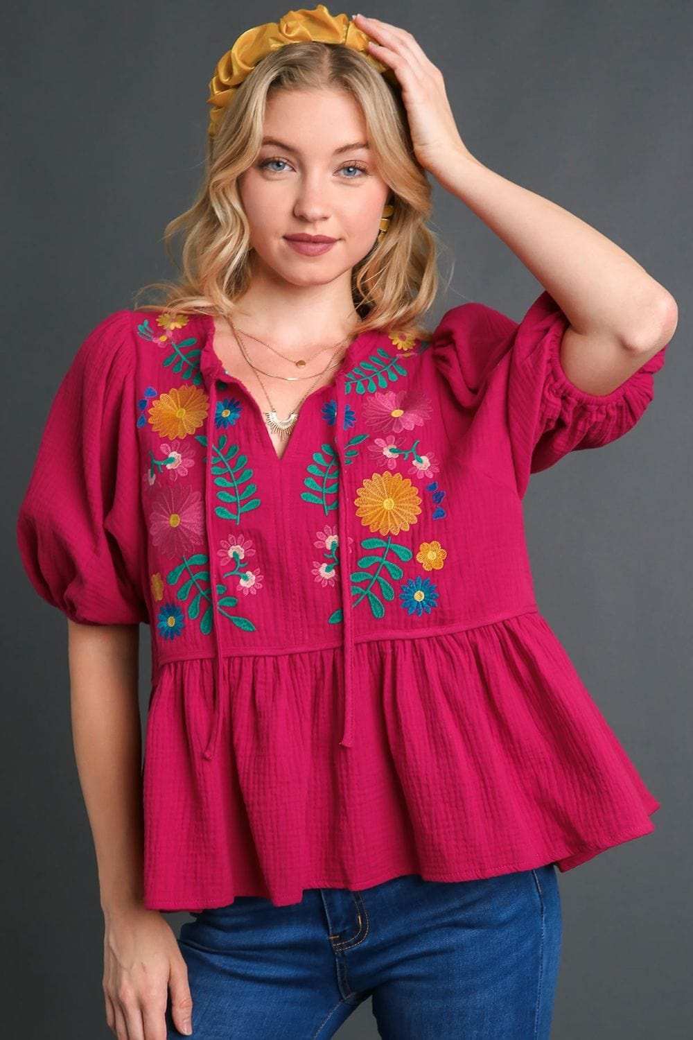 Umgee Full Size Cotton Gauze Floral Embroidery Babydoll Blouse Plus Size - Trendsi - Flyclothing LLC