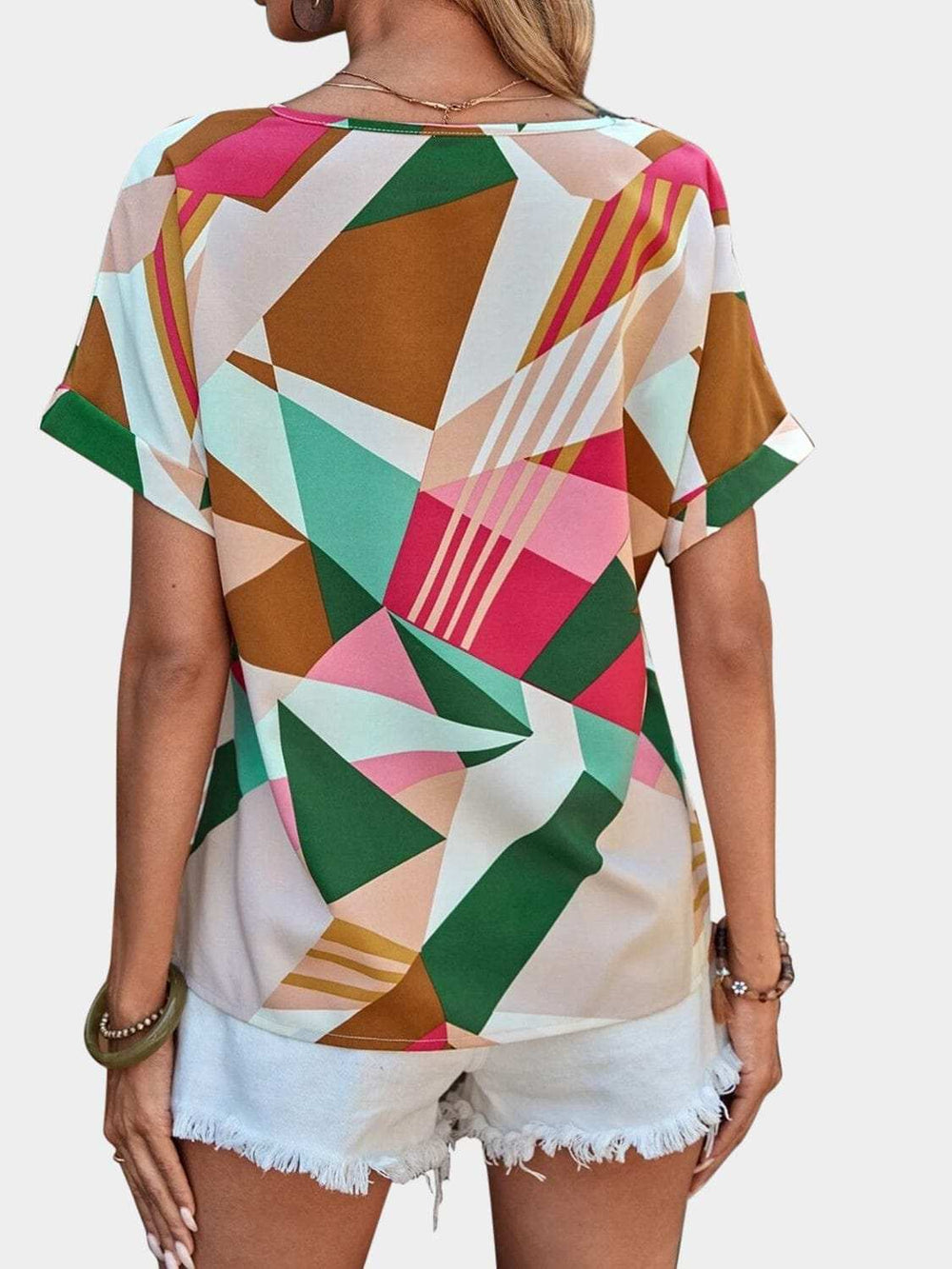 Printed V-Neck Short Sleeve Blouse - Trendsi - Flyclothing LLC