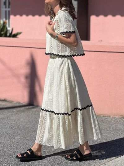 Contrast Trim Openwork Short Sleeve Top and Skirt Set - Trendsi - Flyclothing LLC