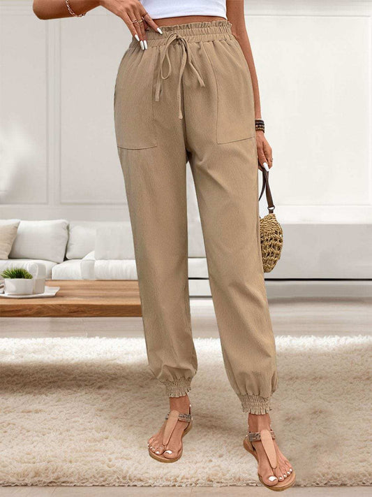 Tied Elastic Waist Pants with Pockets - Trendsi - Flyclothing LLC