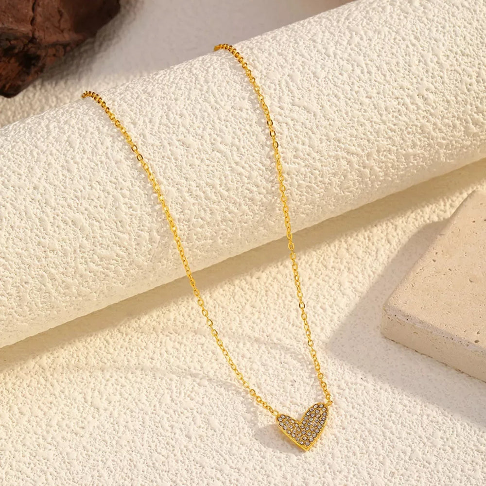 18K Gold-Plated Rhinestone Heart Necklace - Trendsi - Flyclothing LLC