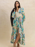 Slit Printed V-Neck Long Sleeve Midi Dress - Trendsi - Flyclothing LLC