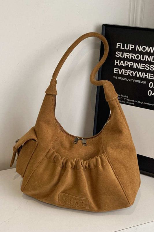 Ruched Suede Handbag with Zipper - Trendsi - Flyclothing LLC
