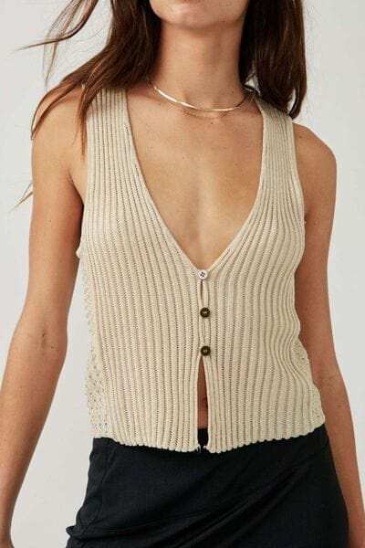 Button Down V-Neck Sweater Vest - Trendsi - Flyclothing LLC