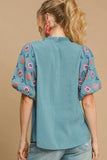 Umgee Full Size Embroidered Puff Sleeve Mock Neck Top Plus Size - Trendsi - Flyclothing LLC