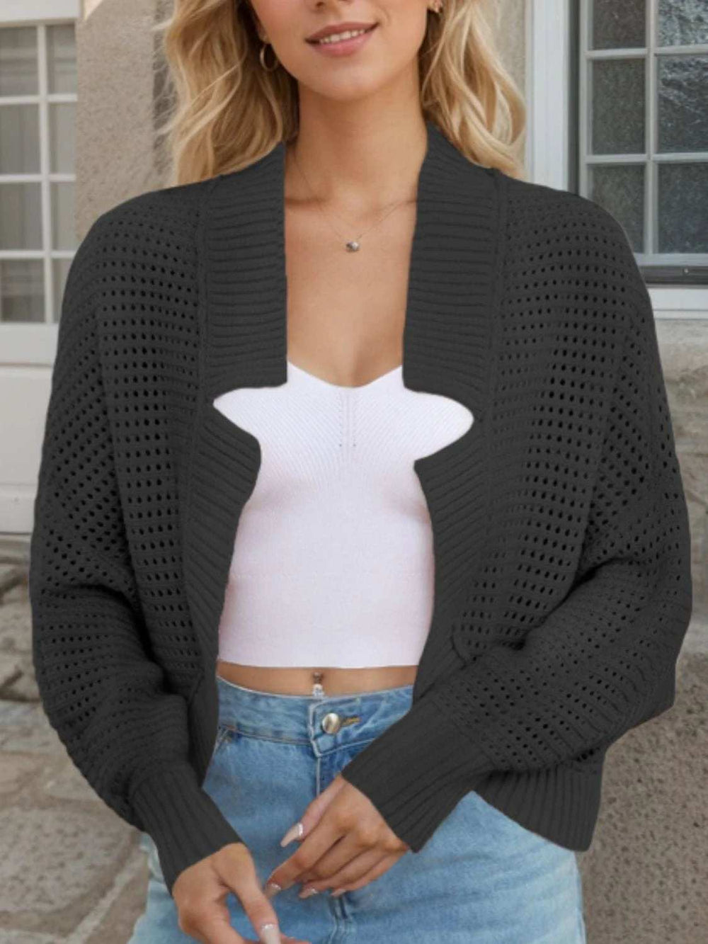 Openwork Open Front Long Sleeve Cardigan - Trendsi - Flyclothing LLC