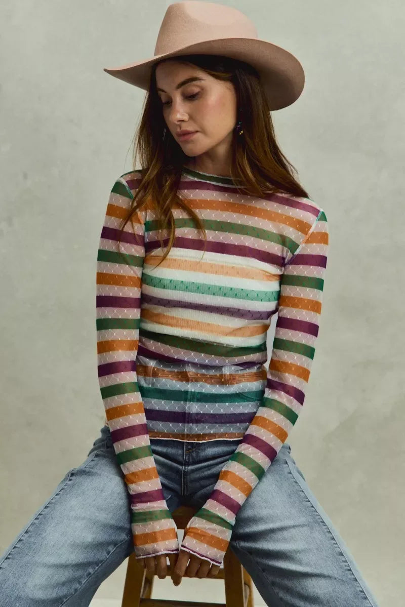 SO ME Mardi Gras Color Stripe Stretch Mesh Top - Trendsi - Flyclothing LLC