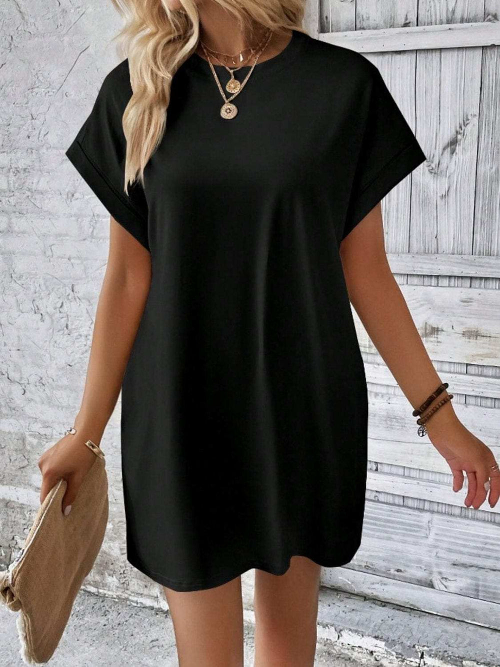 Pocketed Round Neck Short Sleeve Dress - Trendsi - Flyclothing LLC