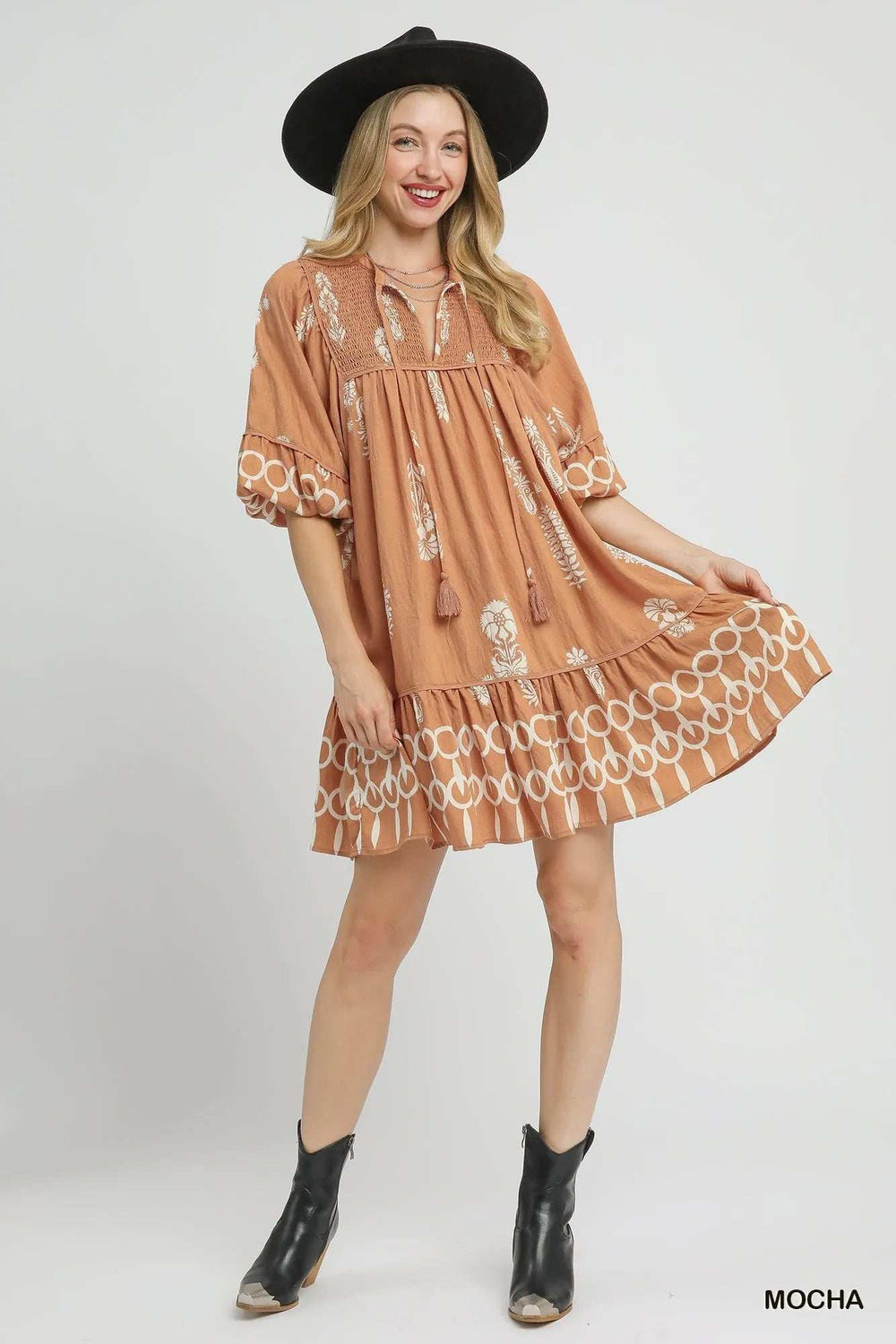 Umgee Boarder Print Tassel Tie Neck Mini Dress - Trendsi - Flyclothing LLC