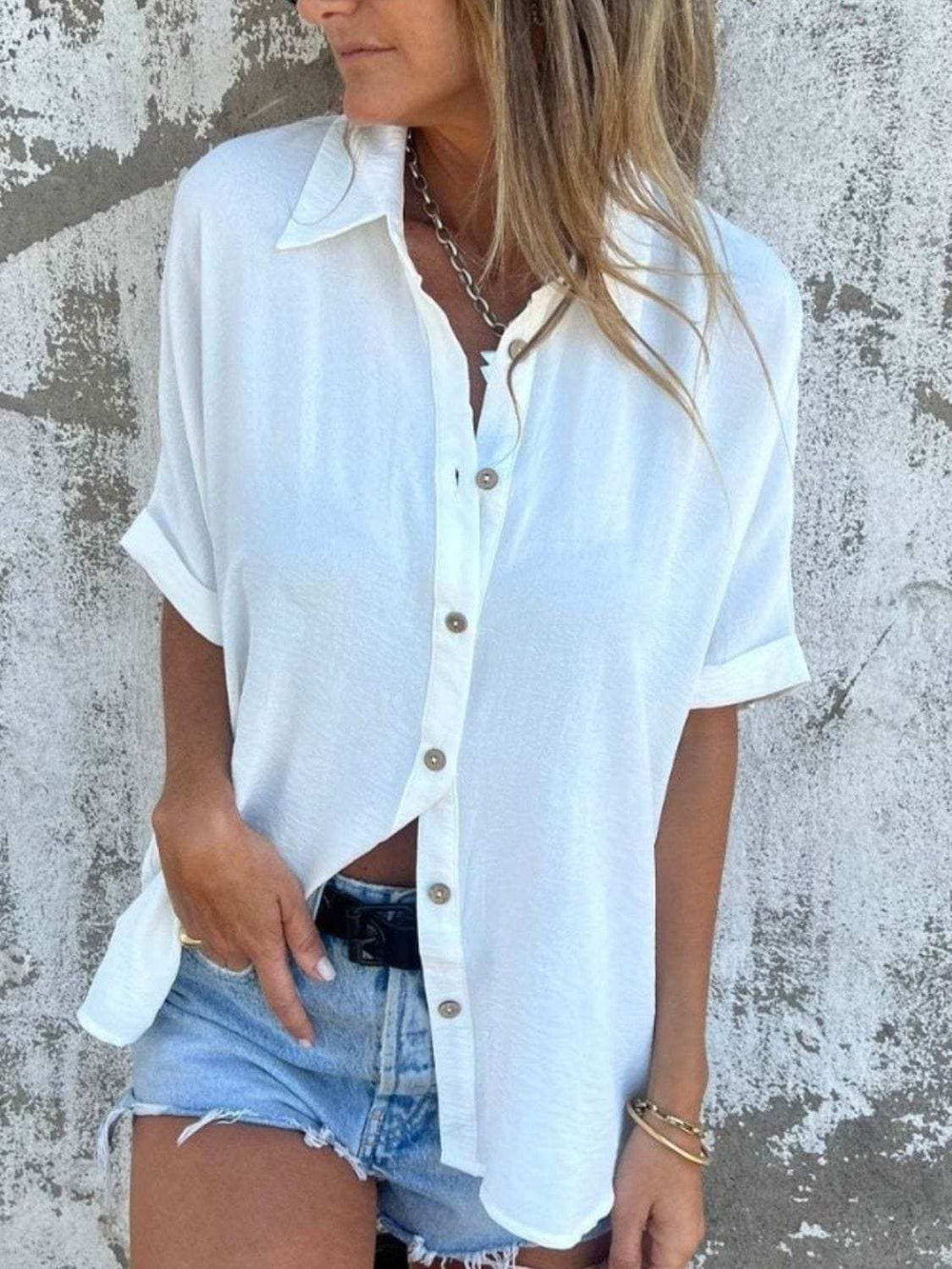 Full Size Button Down Short Sleeve Shirt Plus Size - Trendsi - Flyclothing LLC