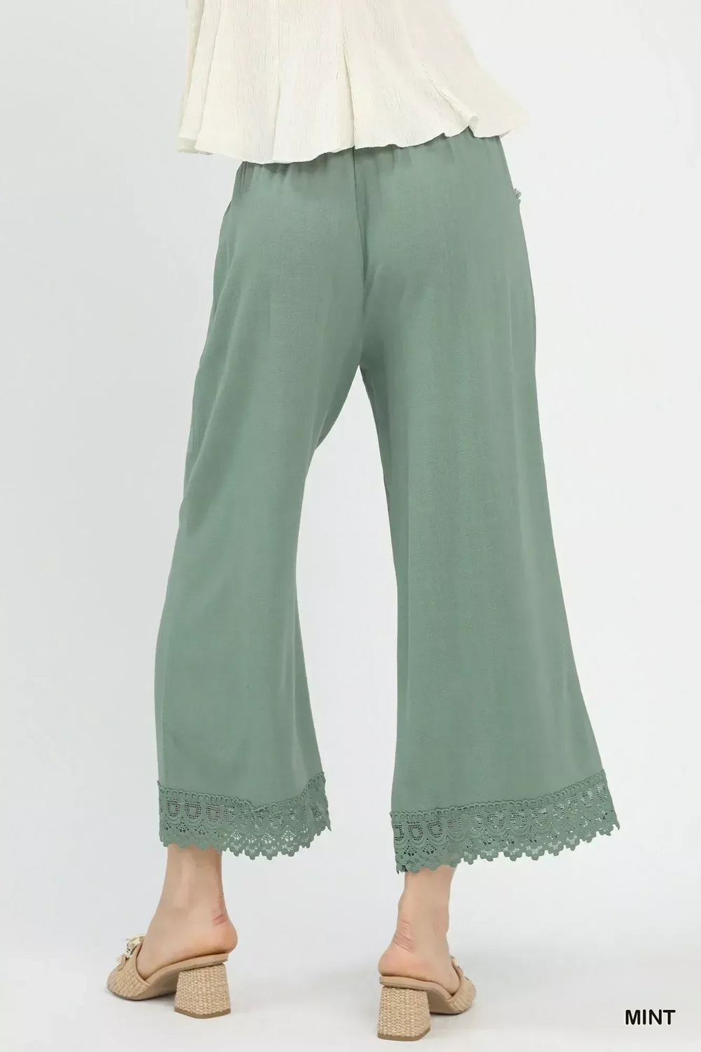 Umgee Linen Wide Leg Cropped Pants with Lace Trim - Trendsi - Flyclothing LLC