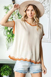 First Love Full Size Contrast Wavy Crochet Drop Shoulder Knit Top - Trendsi - Flyclothing LLC