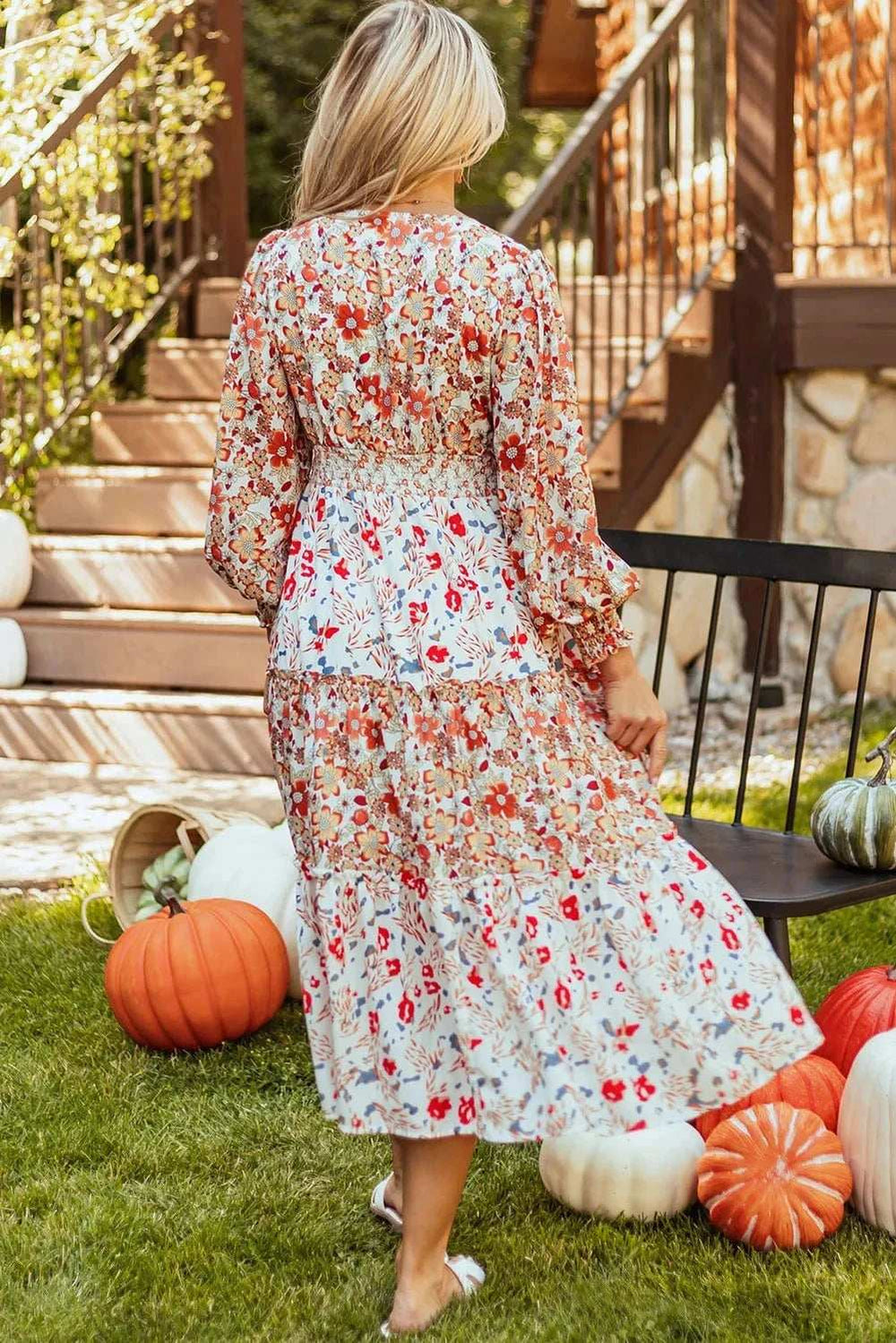 Full Size Printed V-Neck Lantern Sleeve Midi Dress - Trendsi - Flyclothing LLC