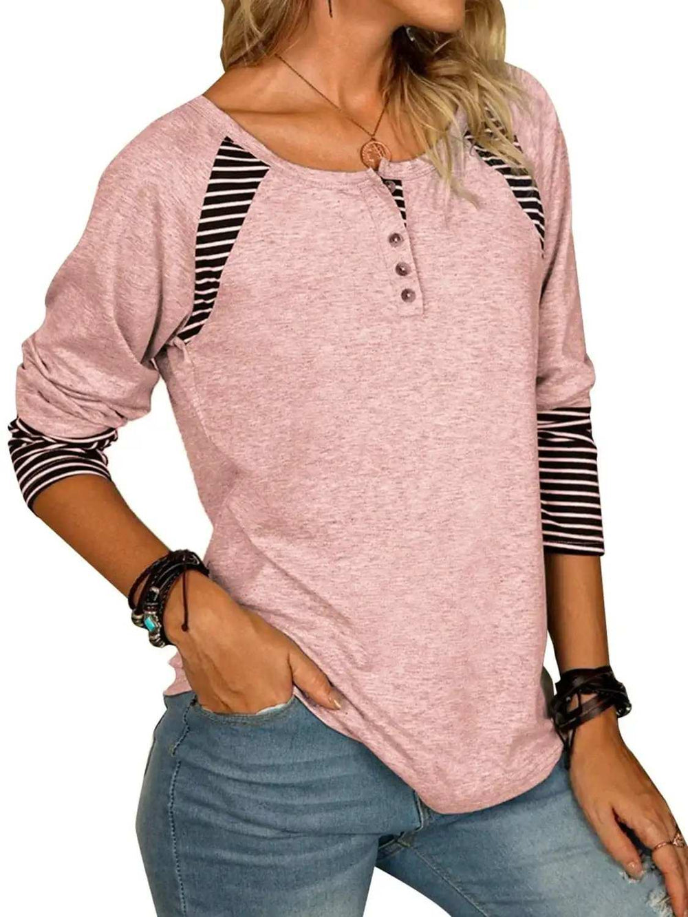 Full Size Striped Quarter Button Long Sleeve T-Shirt - Trendsi - Flyclothing LLC