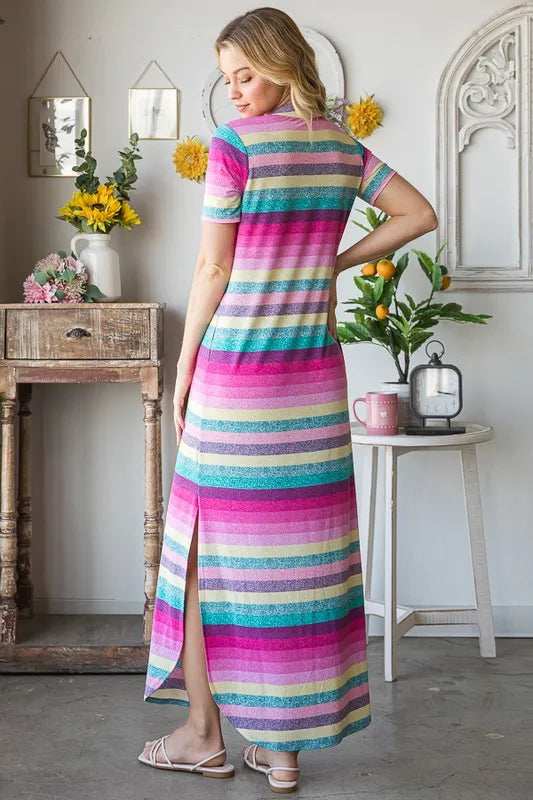 Heimish Full Size Striped Short Sleeve Maxi Tee Dress Plus Size - Trendsi - Flyclothing LLC