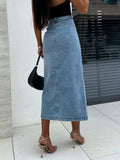 Front Button Slit Midi Denim Skirt - Trendsi - Flyclothing LLC