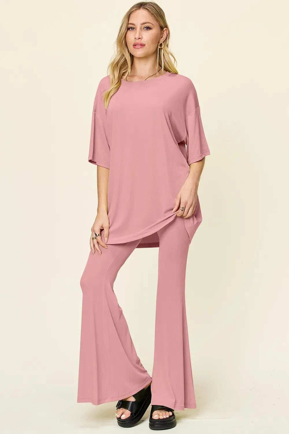 Double Take Full Size Round Neck Drop Shoulder T-Shirt and Flare Pants Set - Trendsi - Flyclothing LLC