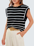 Striped Round Neck Cap Sleeve T-Shirt - Trendsi - Flyclothing LLC