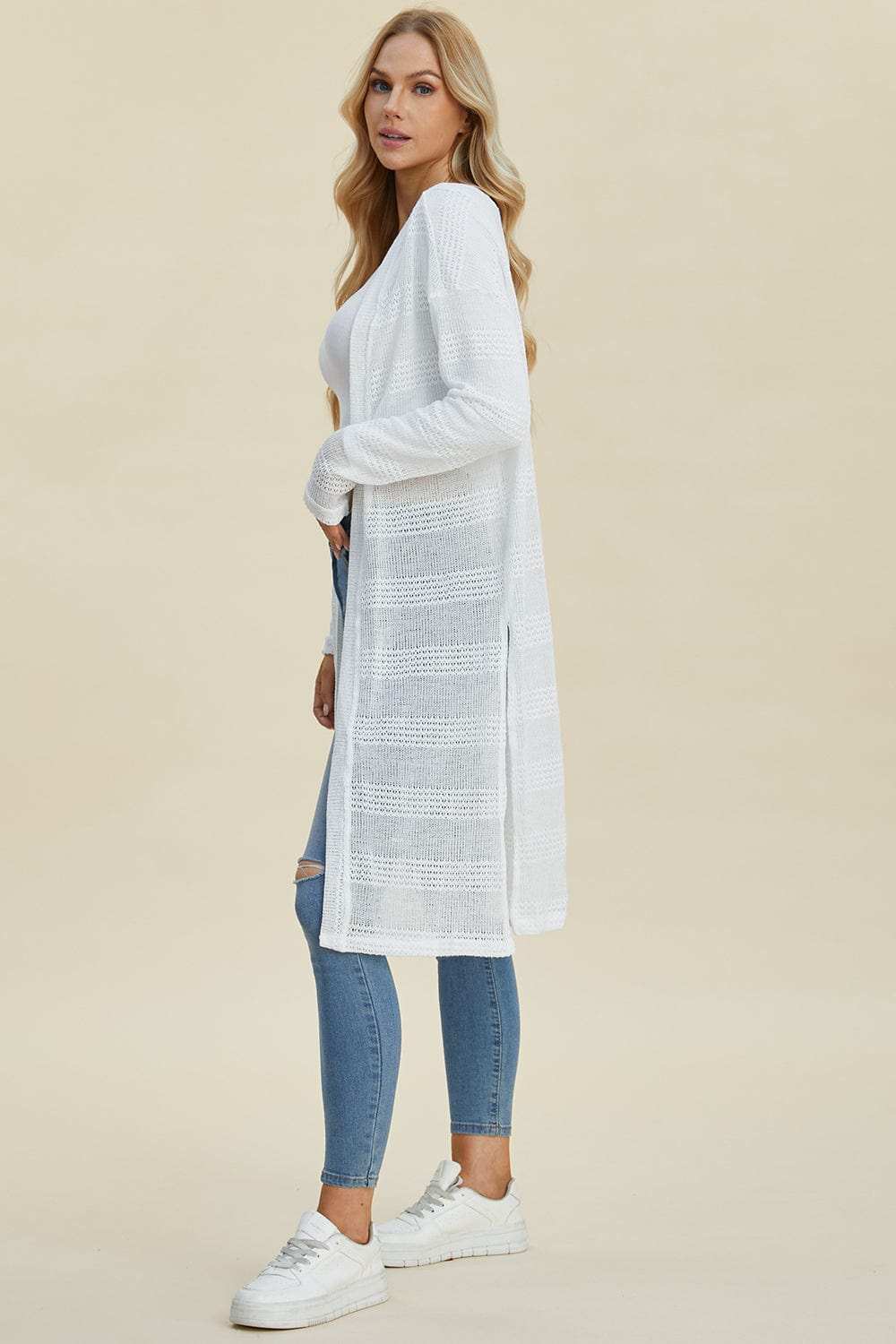 Double Take Full Size Open Front Longline Cardigan - Trendsi - Flyclothing LLC