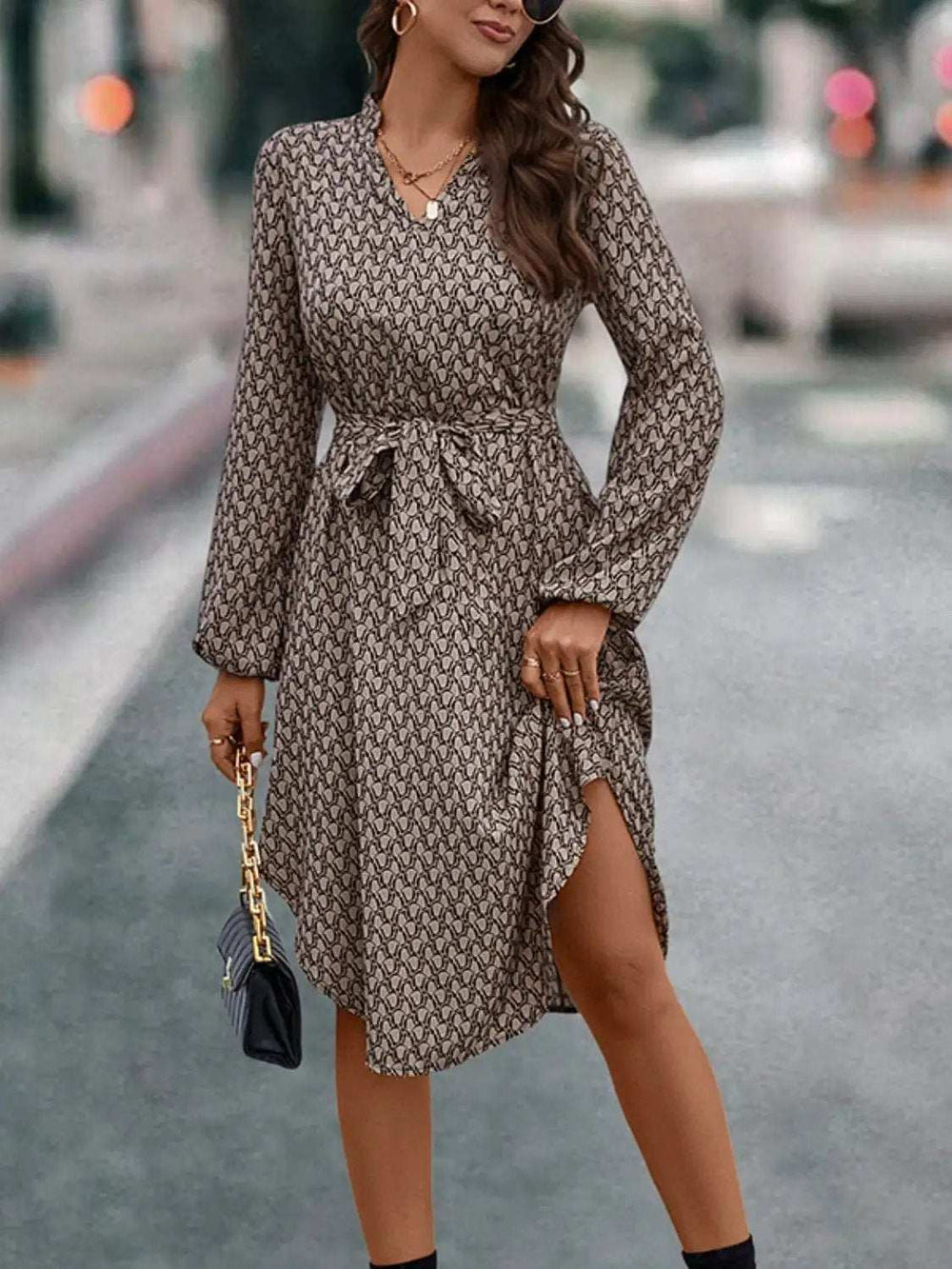 Tied Printed Notched Balloon Sleeve Dress - Trendsi - Flyclothing LLC