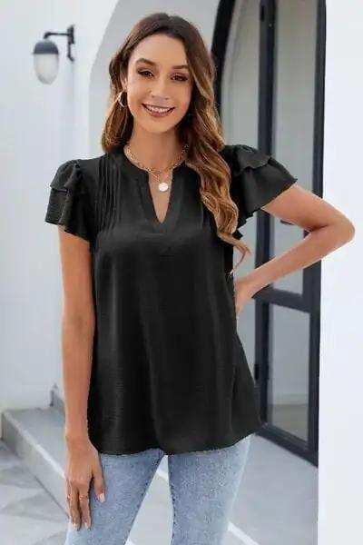 Ruffled Notched Short Sleeve Blouse - Trendsi - Flyclothing LLC