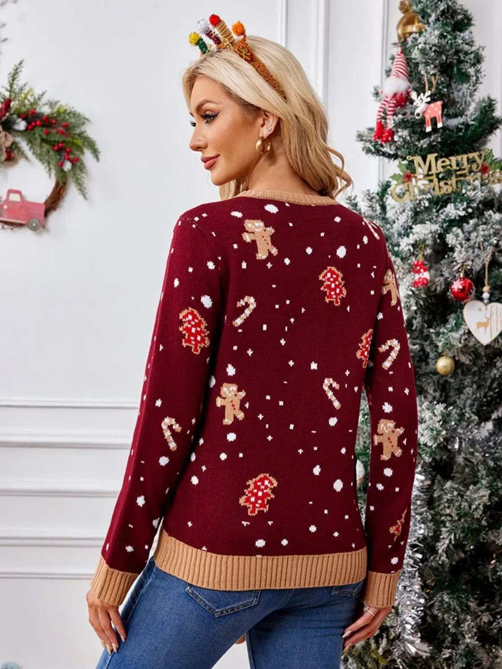 Gingerbread Round Neck Long Sleeve Sweater - Trendsi - Flyclothing LLC