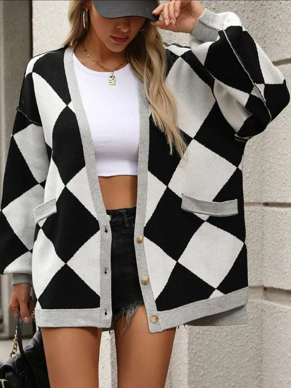 Checkered Dropped Shoulder Long Sleeve Cardigan - Trendsi - Flyclothing LLC