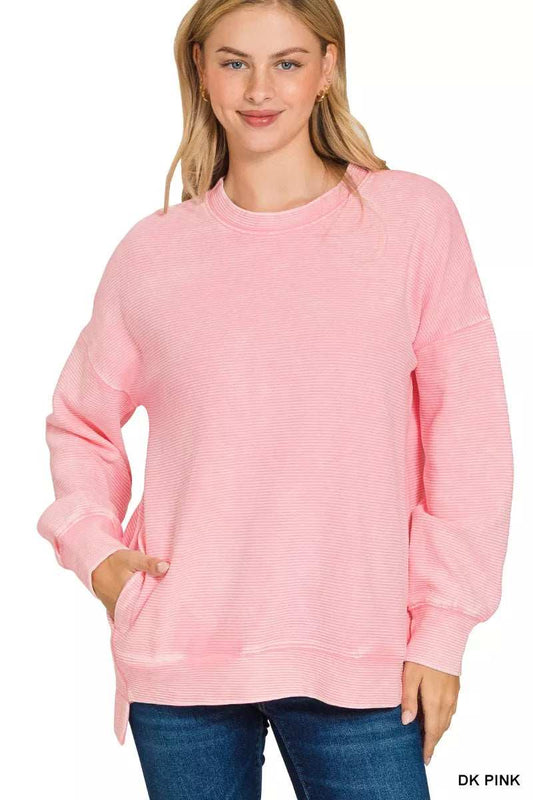 Zenana Full Size Acid Washed Double Ribbed Hi-low Sweatshirt Plus Size - Trendsi - Flyclothing LLC