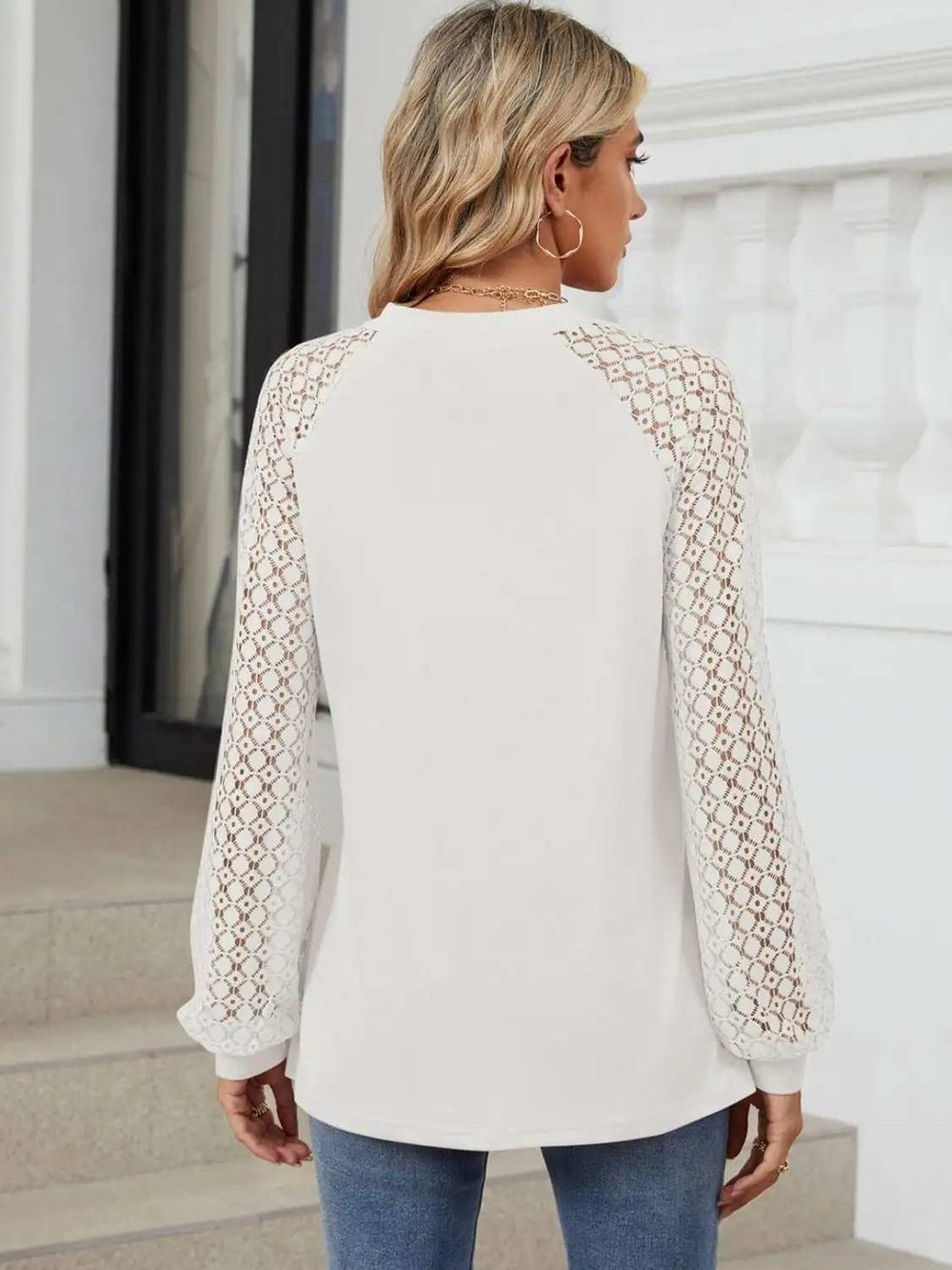 Round Neck Lace Long Sleeve Top - Trendsi - Flyclothing LLC