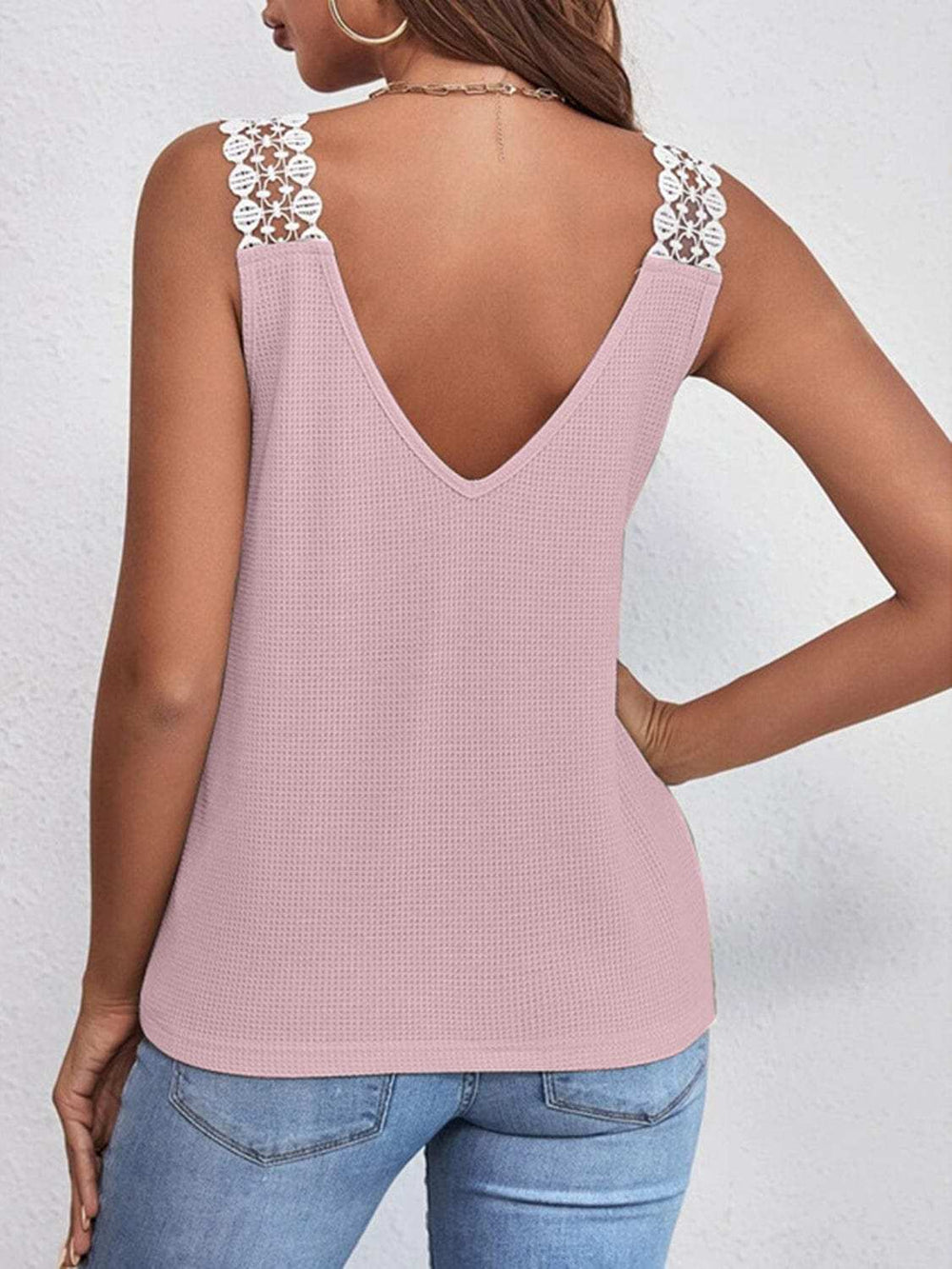 Lace Detail Waffle-Knit V-Neck Tank - Trendsi - Flyclothing LLC