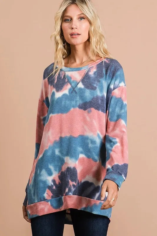 BiBi Tie Dye French Terry Pull Over with Front Stitching Detail - Trendsi - Flyclothing LLC