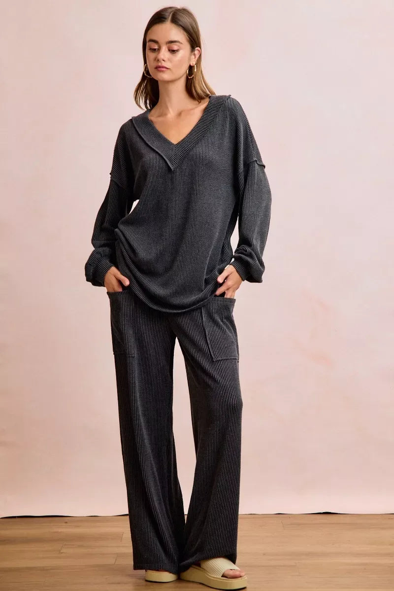 BiBi Two Tone Cord Rib Contrast Stitching V-Neck Top and Pants Set - Trendsi - Flyclothing LLC