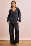 BiBi Two Tone Cord Rib Contrast Stitching V-Neck Top and Pants Set - Trendsi - Flyclothing LLC