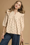 Umgee Bow Print Corduroy Puff Sleeve Blouse with Ruffled - Trendsi - Flyclothing LLC
