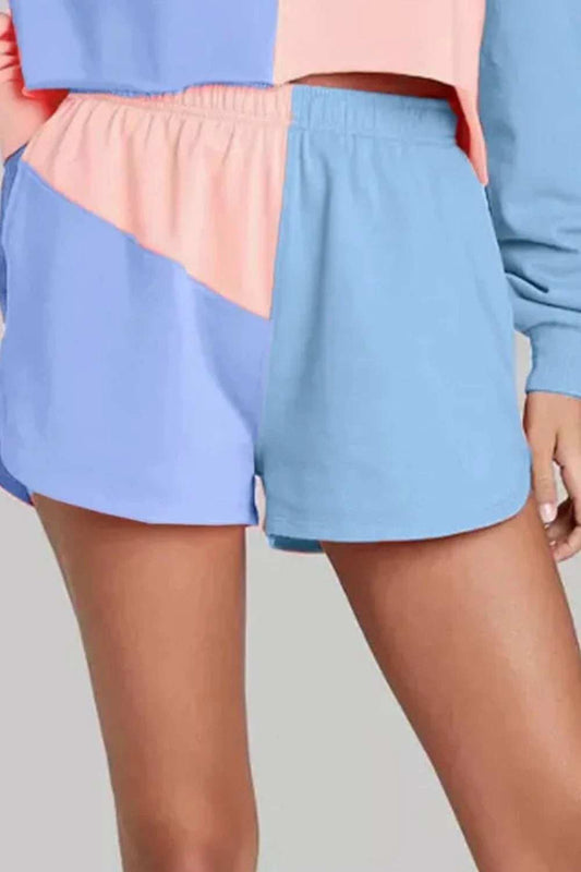 Color Block Round Neck Top and Shorts Set - Trendsi - Flyclothing LLC