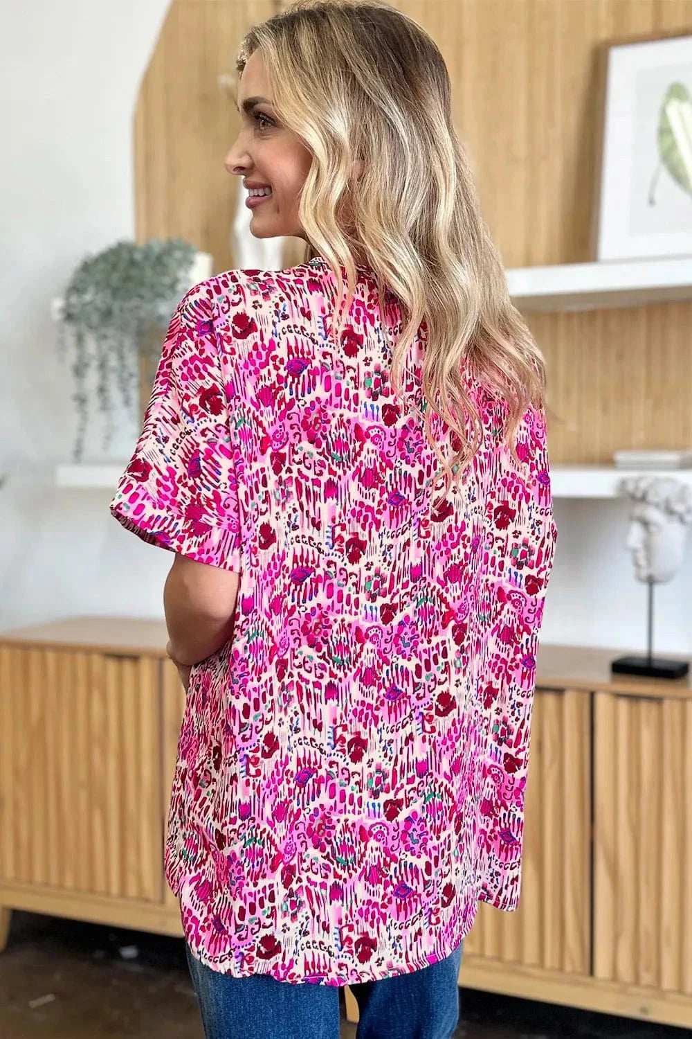 Double Take Full Size Printed V-Neck Short Sleeve Blouse - Trendsi - Flyclothing LLC