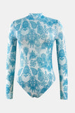Printed Mock Neck Long Sleeve One-Piece Swimwear - Trendsi - Flyclothing LLC