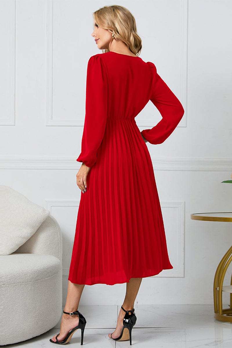 V-Neck Long Sleeve Tie Waist Midi Dress - Trendsi - Flyclothing LLC
