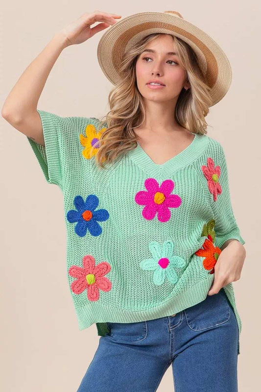BiBi Flower Patches Dolman Sleeve Lightweight Sweater - Trendsi - Flyclothing LLC