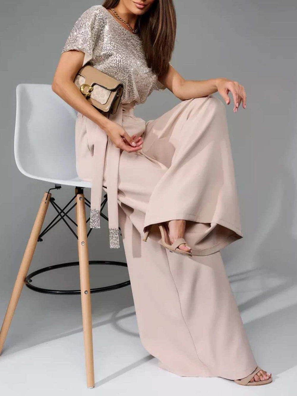 Full Size Sequin Round Neck Short Sleeve Wide Leg Jumpsuit - Trendsi - Flyclothing LLC