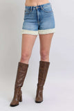 Judy Blue Full Size Hw Tummy Control Shearling Cuff Denim Shorts Plus Size - Trendsi - Flyclothing LLC
