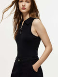 Quarter Zip Collared Neck Sleeveless Bodysuit - Trendsi - Flyclothing LLC