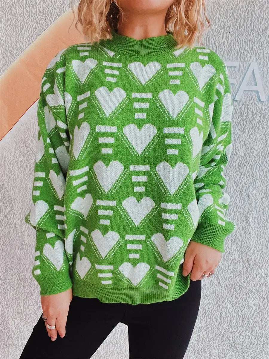 Heart Contrast Long Sleeve Dropped Shoulder Sweater - Trendsi - Flyclothing LLC