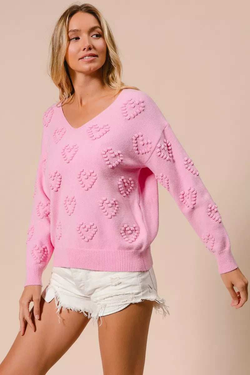 BiBi Valentines Heart Pompom V Neck Knit Top - Trendsi - Flyclothing LLC