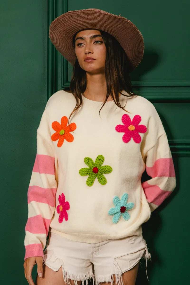 BiBi Colorful Floral Patched Sweater with Striped Sleeve - Trendsi - Flyclothing LLC