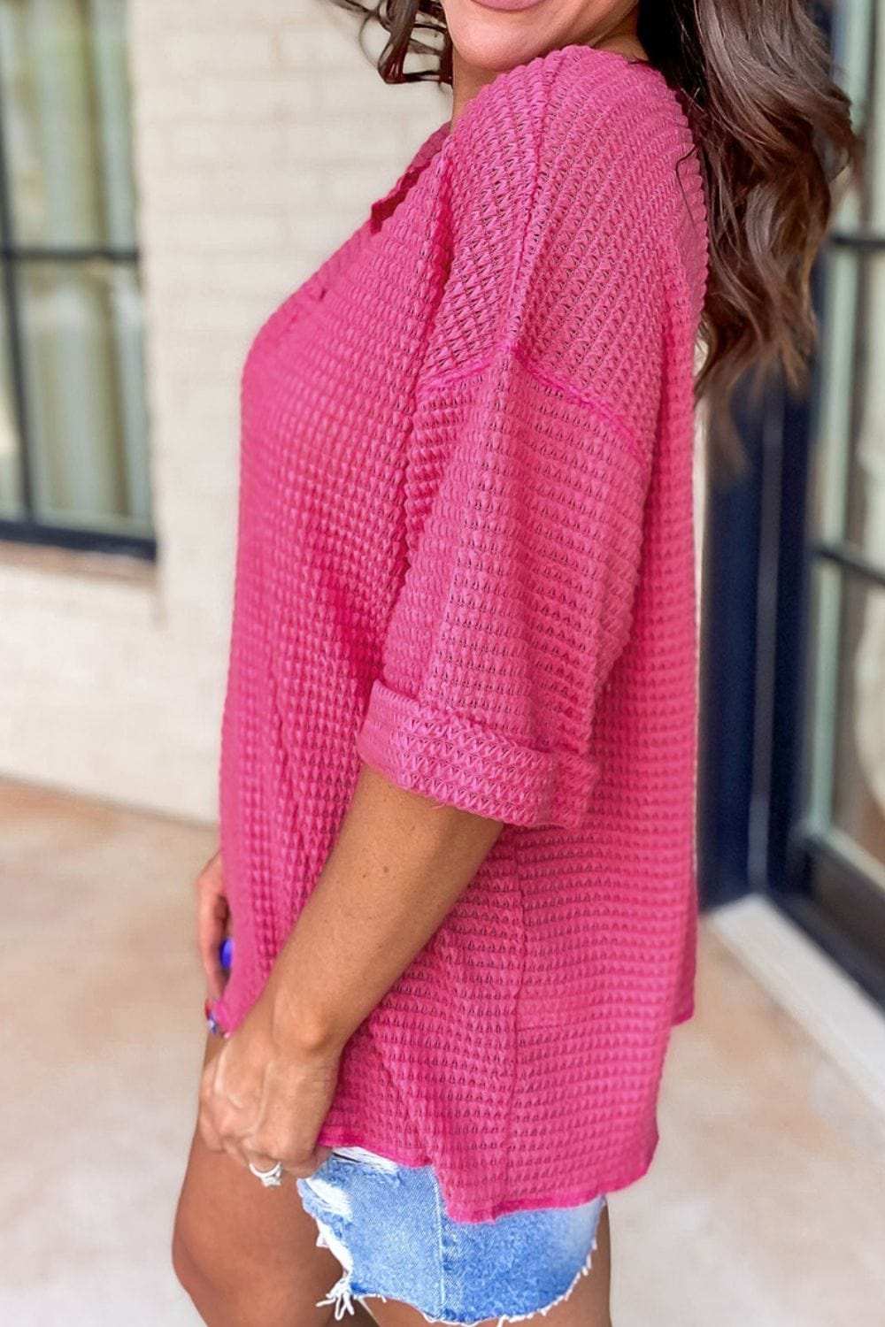 Textured Cuffed Short Sleeve Top - Trendsi - Flyclothing LLC