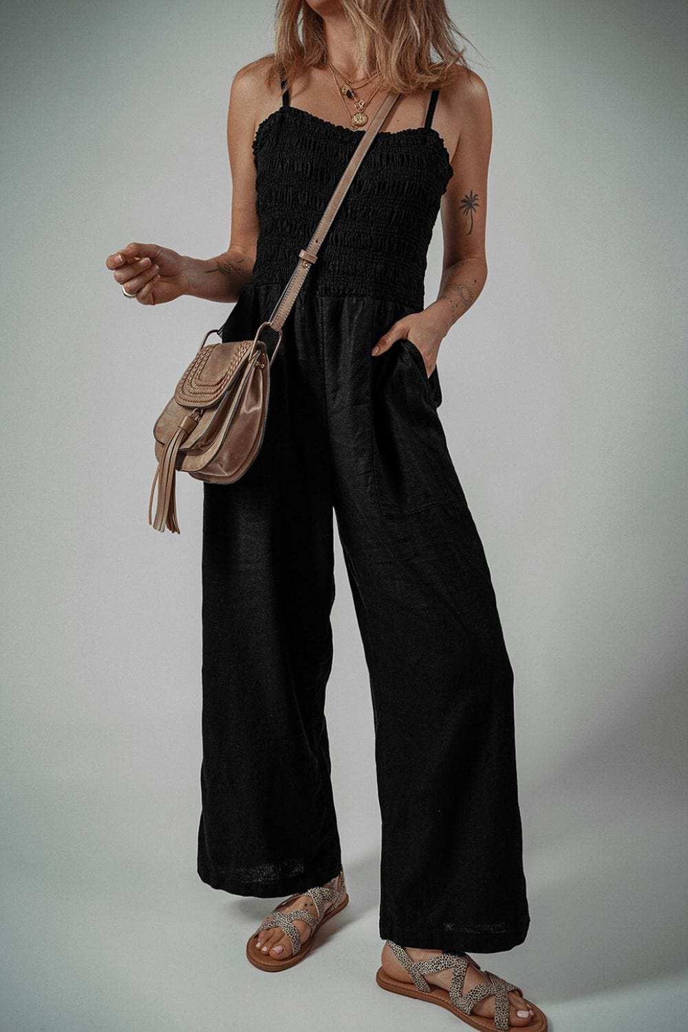 Smocked Spaghetti Straps Wide Leg Jumpsuit - Trendsi - Flyclothing LLC