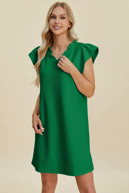 Double Take Full Size Ruffled V-Neck Cap Sleeve Dress - Trendsi - Flyclothing LLC