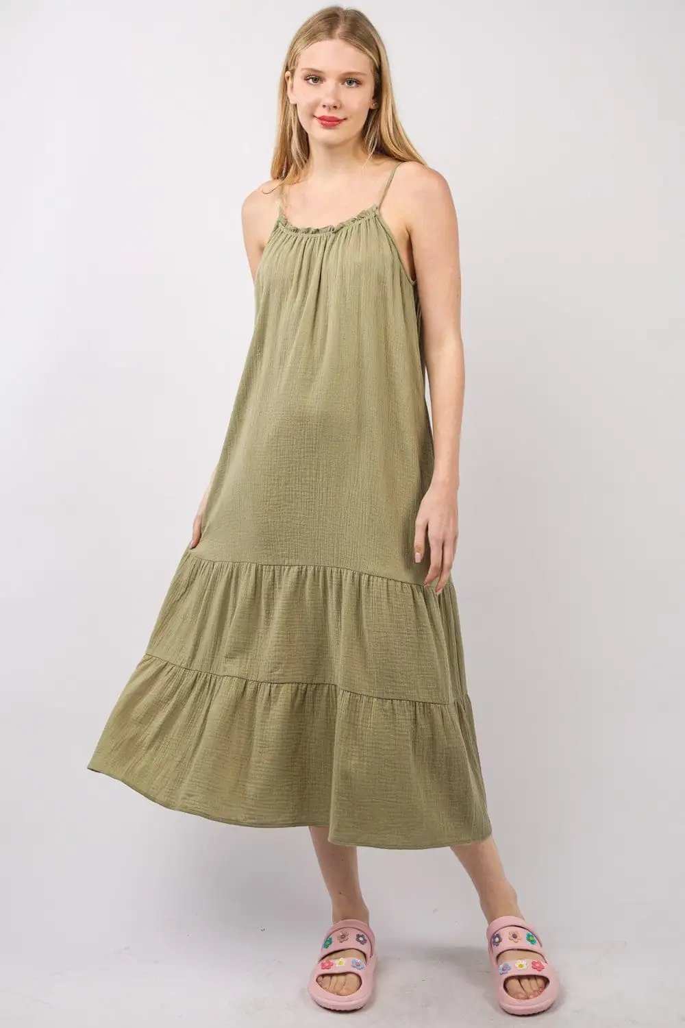VERY J Ruffled A-Line Midi Cami Dress - Trendsi - Flyclothing LLC