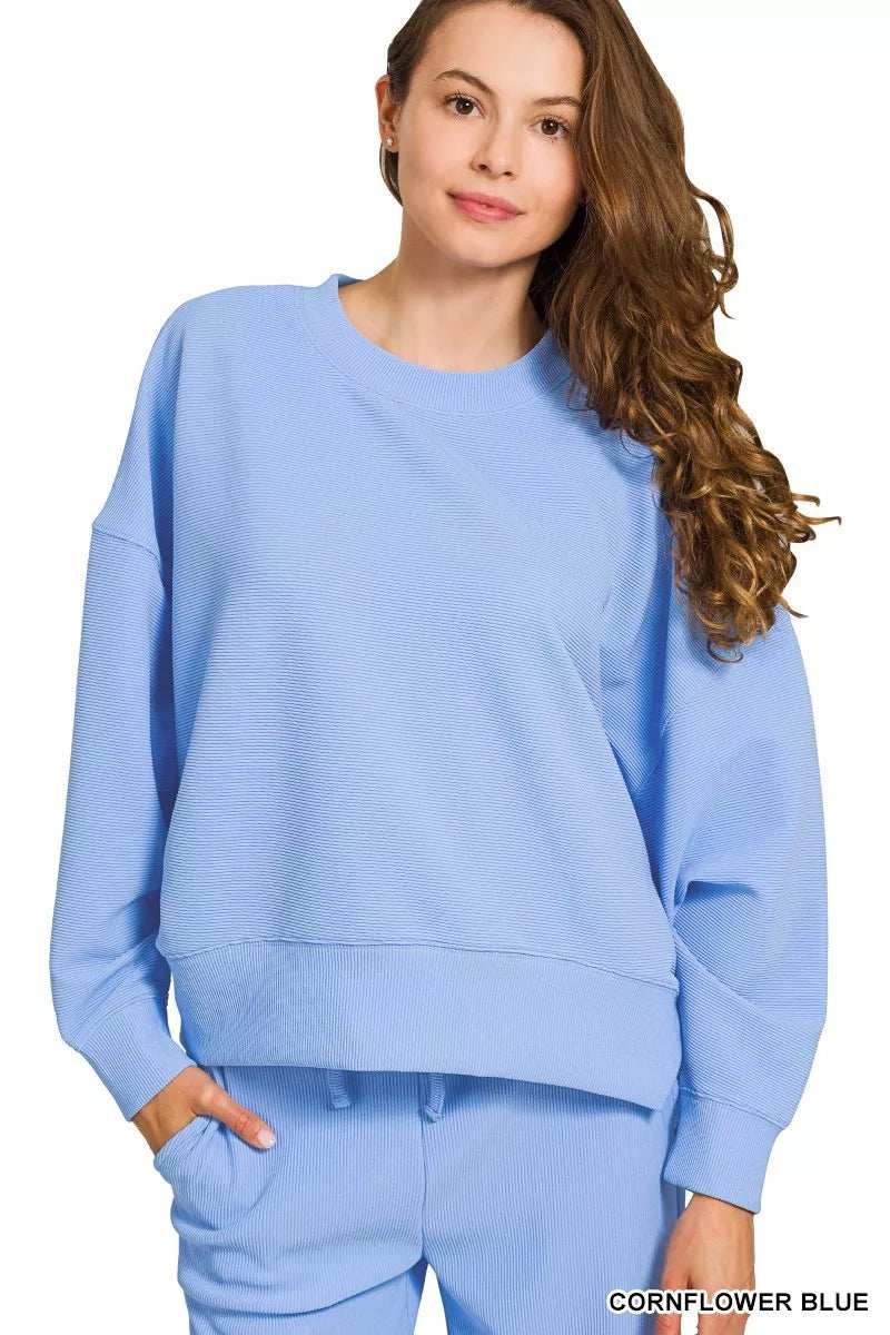 Zenana Ribbed Round Neck Pullover and Drawstring Pants Set - Trendsi - Flyclothing LLC